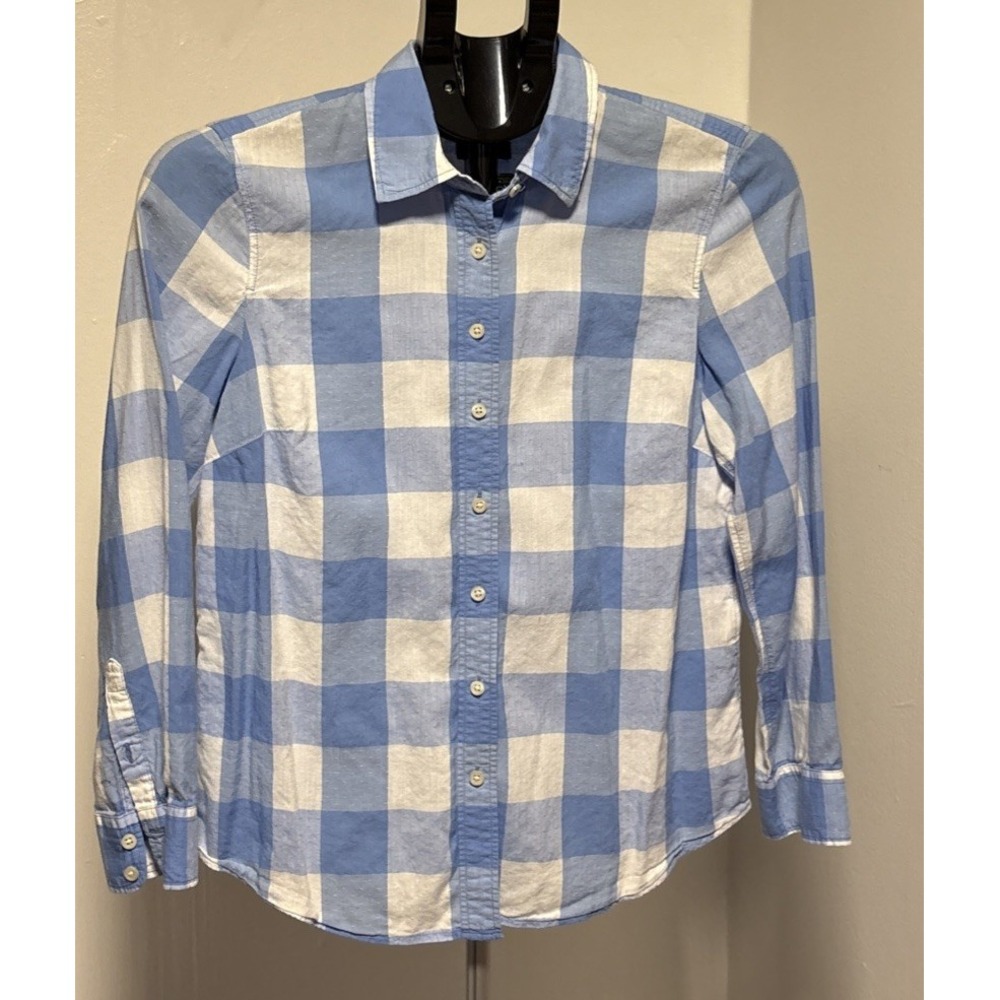 Talbots Women's Button Down Shirt Petite Medium Long Sleeves Blue white Plaid SM